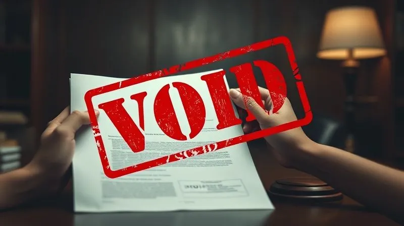 A photorealistic image of a legal document with a large, red 'VOID' stamp across it, partially obscured by a pair of hands looking distraught. The background is a dimly lit, somber legal office, conveying a sense of loss and invalidation. 8K, cinematic lighting, sharp focus, depth of field, shot on a high-end DSLR.