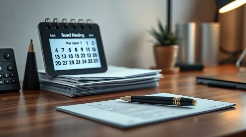 photorealistic, professional photography, 8K, cinematic lighting, sharp focus, depth of field, shot on a high-end DSLR. A well-organized, minimalist desk setup featuring a digital calendar displaying an upcoming board meeting, a stack of perfectly aligned legal documents, and a fountain pen resting on a notepad. The scene conveys meticulous preparation and attention to detail, with soft, ambient light illuminating the workspace.