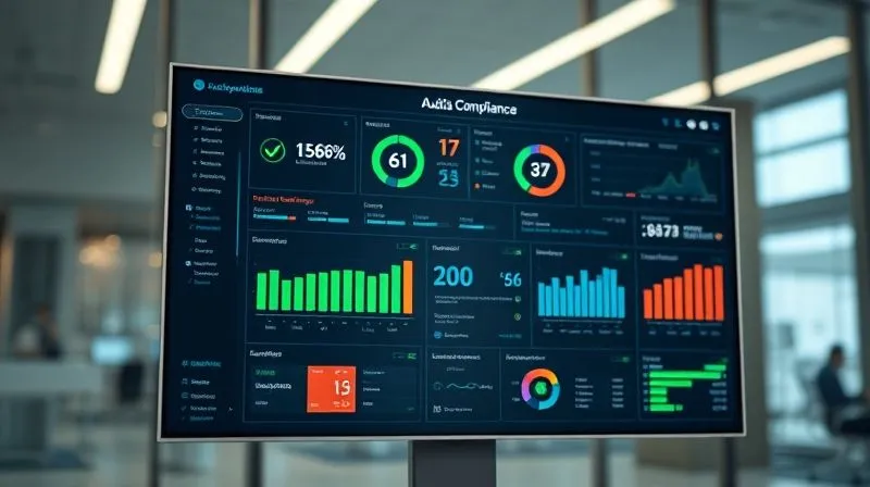 photorealistic, professional photography, 8K, cinematic lighting, sharp focus, depth of field, shot on a high-end DSLR. A sophisticated digital dashboard displaying various compliance metrics, risk indicators, and audit results on a sleek, modern screen. The interface shows green checkmarks for compliant areas and subtle amber warnings for areas needing attention, conveying proactive monitoring and data-driven governance. Soft, professional lighting highlights the screen.