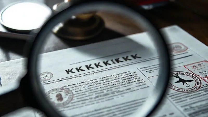 A photorealistic image of a complex legal document with multiple seals and stamps, representing intricate administrative regulations, viewed through a magnifying glass, cinematic lighting, sharp focus on the text, depth of field blurring the background, 8K hyper-detailed, professional photography.
