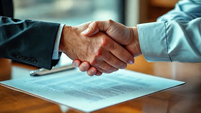 A photorealistic image of two hands clasped in a handshake over a blurred legal document, symbolizing negotiation and agreement, in a professional setting, cinematic lighting, sharp focus on the handshake, depth of field blurring the background, 8K hyper-detailed, professional photography.