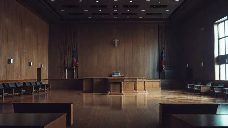 A photorealistic image of a solemn, empty courtroom or hearing room, with a judge's bench and witness stand, emphasizing the gravity of administrative proceedings, dramatic low-key lighting, sharp focus on the architecture, depth of field, 8K hyper-detailed, professional photography.