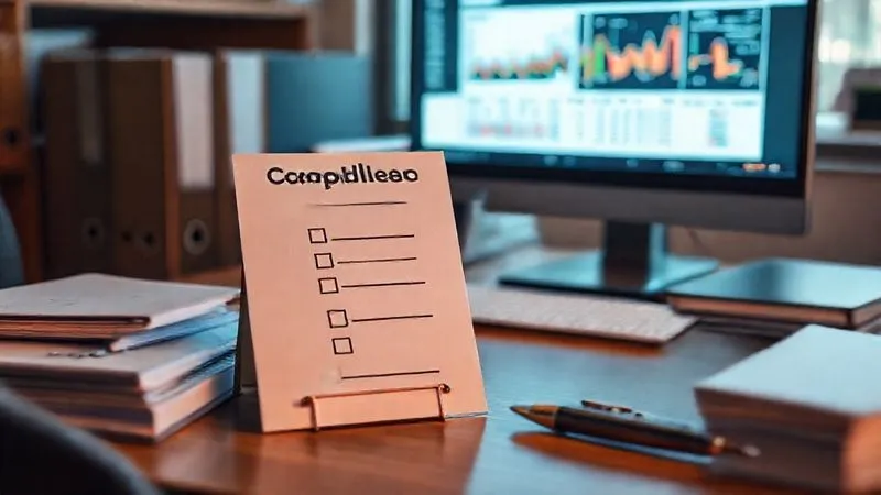 A photorealistic image of a meticulously organized office desk with a 'Compliance Checklist' prominently displayed, surrounded by well-filed binders and a glowing computer screen showing a data dashboard, symbolizing proactive regulatory adherence, cinematic lighting, sharp focus, depth of field, 8K hyper-detailed, professional photography.