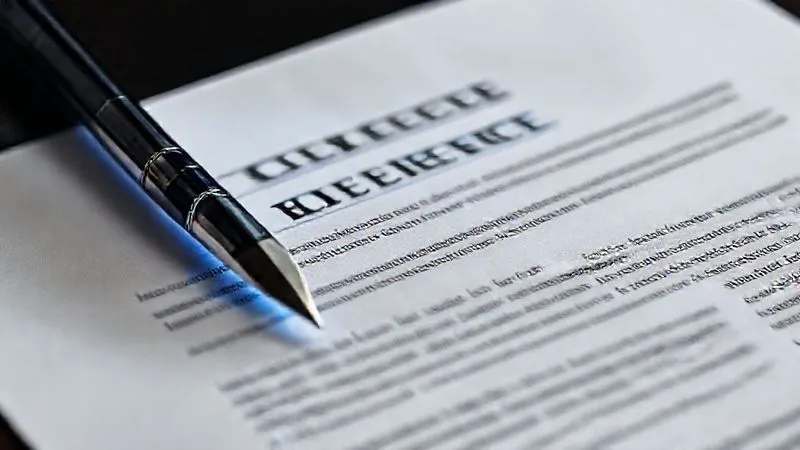 A photorealistic close-up of a meticulously drafted legal contract, with key clauses highlighted in a digital blue glow, symbolizing precision and security. A quill pen rests on the document. Professional photography, 8K, cinematic lighting, sharp focus on the text, depth of field. Shot on a high-end DSLR.