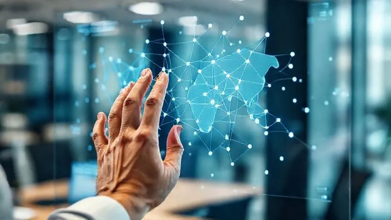 A photorealistic image of a person's hands adjusting a complex, interconnected digital network map projected onto a glass screen, symbolizing adaptation and strategic planning in a dynamic environment. The background is a blurred, modern tech office. Professional photography, 8K, cinematic lighting, sharp focus on the hands and screen, depth of field. Shot on a high-end DSLR.