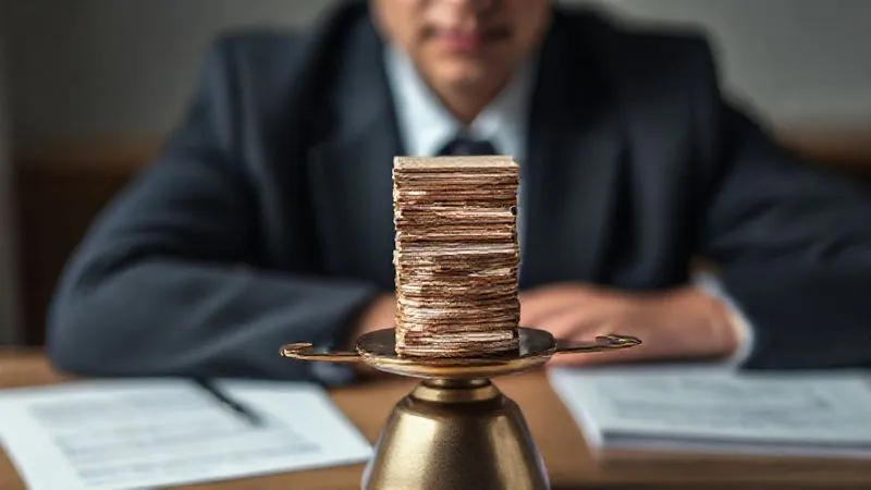 Photorealistic, professional photography, 8K, cinematic lighting, sharp focus, depth of field, shot on a high-end DSLR. A person with a calm, focused expression, wearing professional attire, carefully balancing a stack of financial ledgers on a scale, with a subtle backdrop of legal documents. The image conveys responsibility, precision, and the delicate act of balancing duties, symbolizing a trustworthy trustee managing complex affairs.