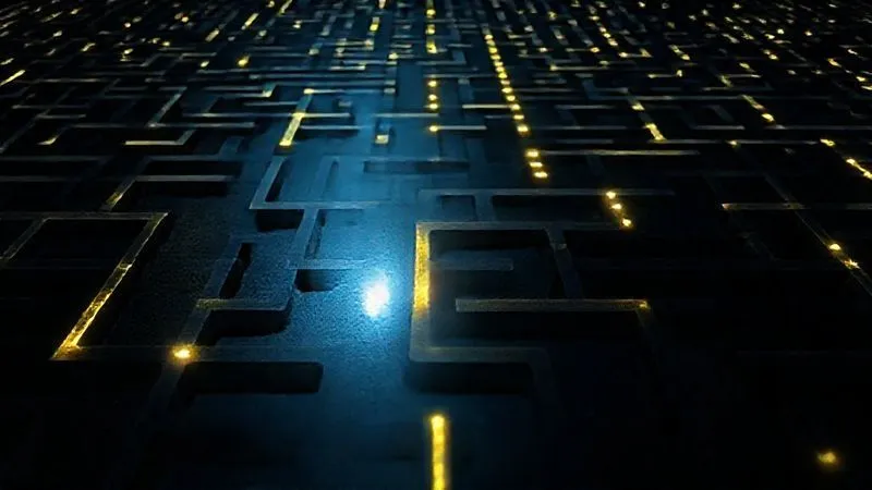 Photorealistic, professional photography, 8K, cinematic lighting, sharp focus, depth of field, shot on a high-end DSLR. A complex, illuminated maze on a dark, reflective surface, with multiple paths and dead ends, symbolizing the intricate and varied state-specific legal rules for Medicaid. A single, clear path is highlighted, representing expert guidance through the complexity. The atmosphere is one of challenge and precision.