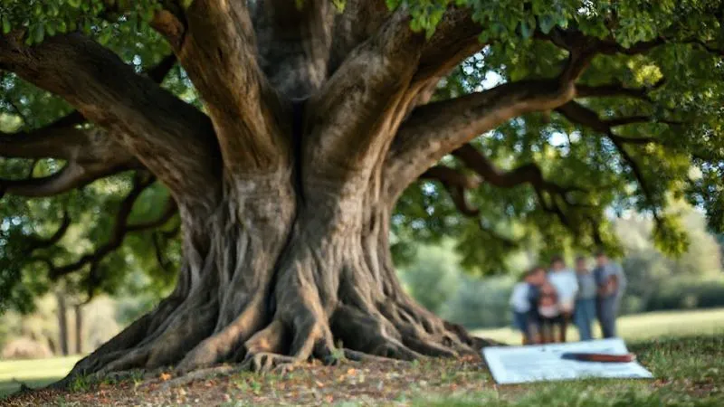 Photorealistic, professional photography, 8K, cinematic lighting, sharp focus, depth of field, shot on a high-end DSLR. A mature oak tree with deep, intertwining roots, symbolizing a strong, long-term legacy and interconnected planning. In the foreground, blurred but discernible, are legal documents and a family photo, representing the foundation of estate planning and family protection. The scene evokes growth, security, and enduring care.