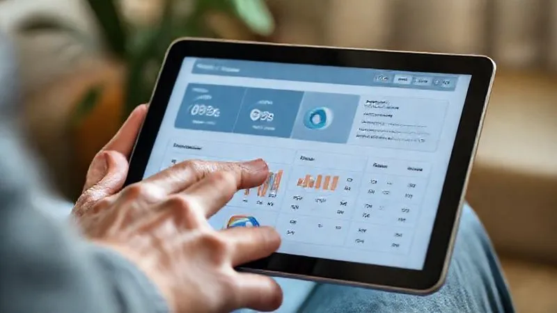 A photorealistic image of a digital tablet displaying an ABLE account dashboard with charts showing savings growth and categories of qualified disability expenses. A person's hands are lightly touching the screen, conveying ease of use and financial control. 8K, cinematic lighting, sharp focus, depth of field, shot on a high-end DSLR.