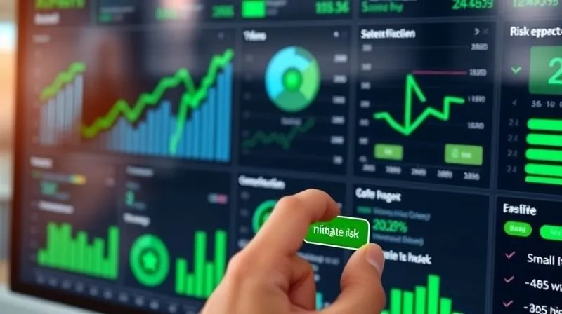 A photorealistic image of a detailed financial dashboard displaying green upward trends and risk indicators being carefully monitored, with a hand hovering over a 'mitigate risk' button. Professional photography, 8K, cinematic lighting, sharp focus on the dashboard, depth of field blurring a distant office environment, shot on a high-end DSLR.