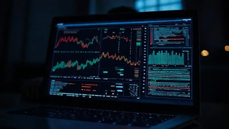 photorealistic, professional photography, 8K, cinematic lighting, sharp focus, depth of field, shot on a high-end DSLR. A close-up of a laptop screen displaying a complex data visualization, with a blurred silhouette of a person looking over their shoulder in the background, conveying a sense of surveillance and potential data exfiltration. The lighting is dim, highlighting the screen's glow, creating a tense atmosphere.