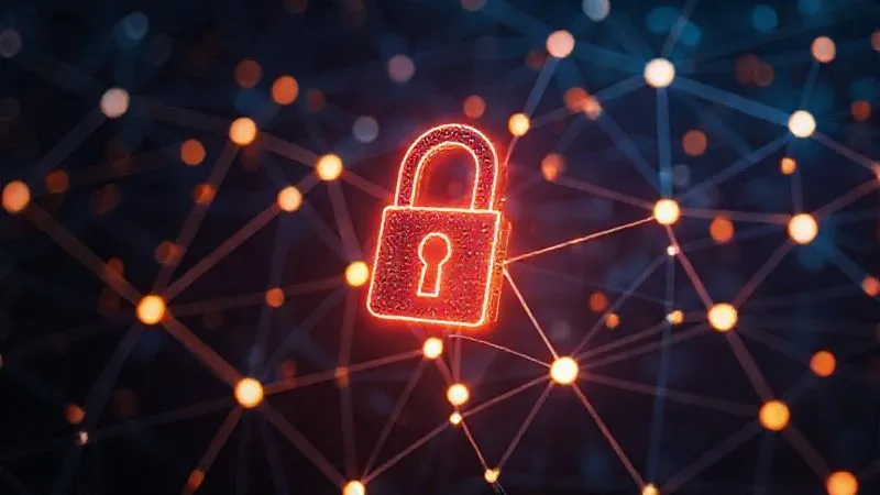 photorealistic, professional photography, 8K, cinematic lighting, sharp focus, depth of field, shot on a high-end DSLR. A network diagram with glowing lines connecting various nodes, overlaid with a digital padlock icon, symbolizing robust data security and access control. The background is dark and futuristic, emphasizing advanced technology.