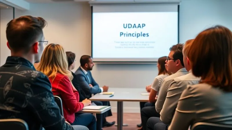A diverse group of finance professionals in a modern conference room, attentively participating in a compliance training session. A projector screen displays 'UDAAP Principles'. Photorealistic, professional photography, 8K, cinematic lighting, sharp focus on the group, depth of field blurring the background, shot on a high-end DSLR.