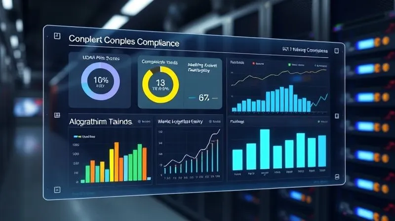 A photorealistic image of a sleek, holographic dashboard displaying various compliance metrics: UDAAP risk scores, complaint trends, and algorithm fairness indicators. Data visualizations like bar charts and line graphs are prominent. Cinematic lighting, sharp focus on the dashboard, depth of field blurring a background of server racks, 8K hyper-detailed, professional photography, shot on a high-end DSLR.