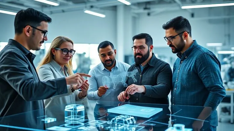 A photorealistic image of a diverse engineering and design team collaboratively reviewing 3D product schematics on a large holographic display in a modern, brightly lit lab. They are pointing at specific safety features, with intense focus and professional expressions. Cinematic lighting highlights their faces and the intricate details of the virtual product. 8K hyper-detailed, sharp focus on the team and display, depth of field blurring the background, professional photography.