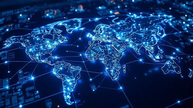 A photorealistic, high-angle shot of a complex, interconnected global supply chain visualized as glowing lines connecting various manufacturing plants, warehouses, and transport hubs on a stylized world map. The lines pulse with data, and small icons represent quality control checkpoints. The scene is bathed in cool, analytical blue light, emphasizing efficiency and oversight. 8K hyper-detailed, sharp focus, depth of field blurring distant elements, professional photography.
