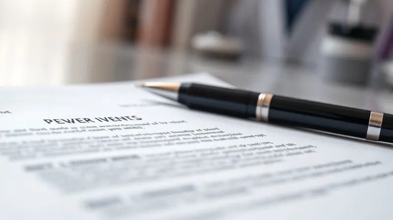 photorealistic, professional photography, 8K, cinematic lighting, sharp focus, depth of field, shot on a high-end DSLR. A close-up of a partially filled legal document, perhaps a will or power of attorney, with a pen lying beside it, suggesting an abrupt halt. The background is softly blurred, hinting at a hospital room or a somber office.