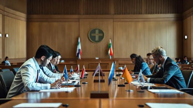 A photorealistic, professional photography, 8K, cinematic lighting, sharp focus, depth of field, shot on a high-end DSLR of a conceptual image depicting a 'hybrid court' in session, with diverse legal professionals from different backgrounds (indicated by subtle cultural attire or flags on their desks) collaboratively reviewing evidence, symbolizing international cooperation and local context. The courtroom should have a modern yet formal feel.