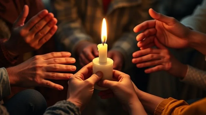 A photorealistic image of diverse hands, some elderly, some young, gently holding a single, glowing candle in a gesture of hope and solidarity, symbolizing victim advocacy and resilience, cinematic lighting, sharp focus on the hands, depth of field, shot on a high-end DSLR, 8K hyper-detailed.