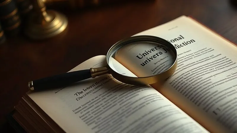 A photorealistic image of an old, leather-bound international law book open to a page titled 'Universal Jurisdiction', with a magnifying glass over the text, set on a dark wooden desk with a subtle glow, cinematic lighting, sharp focus, depth of field, 8K hyper-detailed, professional photography, shot on a high-end DSLR.