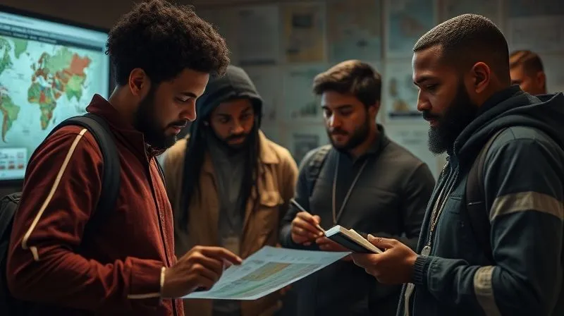 A photorealistic image of a diverse group of human rights activists and investigative journalists collaborating, looking at maps and digital screens, in a dimly lit, determined setting. One person points to a detail on a screen, another takes notes, conveying focused effort. Cinematic lighting, sharp focus, depth of field, 8K hyper-detailed, professional photography, shot on a high-end DSLR.