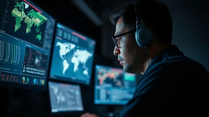 A photorealistic image of a digital forensics expert working in a darkened room, multiple monitors displaying complex data, satellite maps, and social media feeds. The glow from the screens illuminates their focused face, conveying intense investigative work. Cinematic lighting, sharp focus on the screens and face, depth of field, 8K hyper-detailed, professional photography, shot on a high-end DSLR.