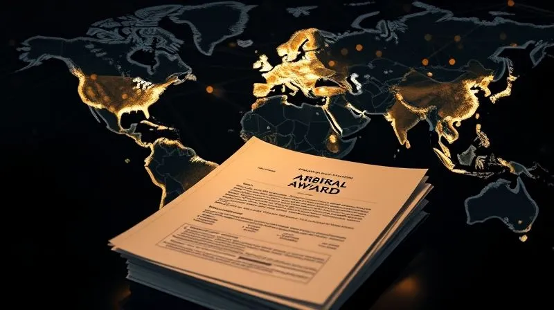 A photorealistic, professional photography image depicting a complex network of glowing lines connecting major global financial centers on a dark, illuminated world map. In the foreground, a stack of legal documents with a prominent arbitral award is being reviewed by a focused legal professional. Cinematic lighting emphasizes the global reach of enforcement, sharp focus on the documents and map. 8K hyper-detailed, shot on a high-end DSLR, conveying the intricate process of international award enforcement.