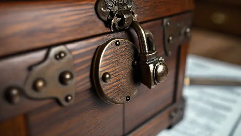 A photorealistic, professional photography, 8K image of a secure, ornate wooden chest with a complex lock, symbolizing the protection of assets within an irrevocable trust. Cinematic lighting creates a sense of gravitas, sharp focus on the lock and wood grain, with depth of field blurring a background of legal documents. The mood is one of robust security and foresight.