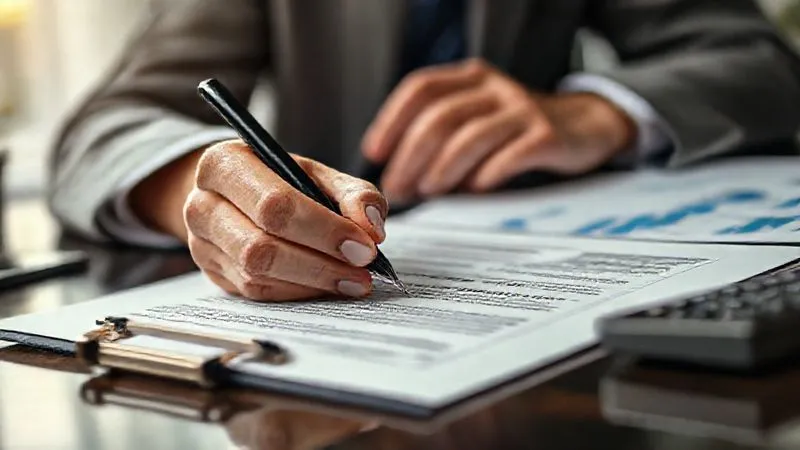 A photorealistic, professional photography, 8K image of a hand signing a legal document, with a pen poised over a section that reads 'annuity agreement'. The setting is a professional office, with soft, focused lighting on the hands and document. Depth of field blurs a background of financial charts and a calculator, emphasizing the complexity and precision of financial planning. The mood is serious and decisive.