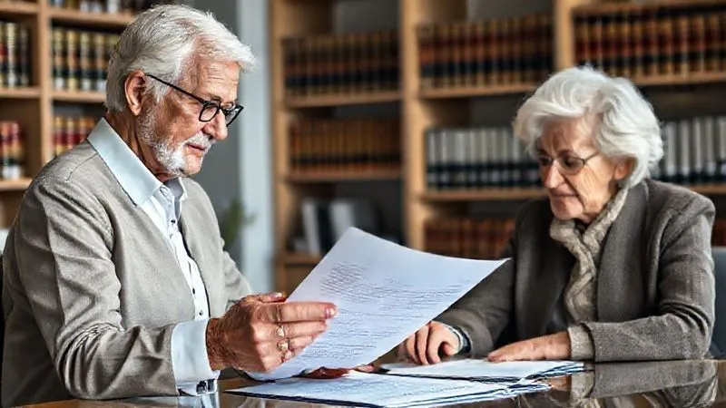 A photorealistic, professional photography, 8K image of an experienced elder law attorney, perhaps an older, distinguished woman, confidently explaining complex legal documents to an elderly couple. The setting is a bright, organized law office. Cinematic lighting highlights their engaged expressions, sharp focus on their faces and the documents, with depth of field blurring legal books on shelves. The mood is one of trust, clarity, and expert guidance.