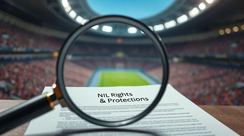 A photorealistic image of a complex legal document with a magnifying glass meticulously examining the words 'NIL Rights & Protections'. The background is a blurred, vibrant image of a packed sports stadium, cinematic lighting, sharp focus on the document, depth of field blurring the stadium, 8K hyper-detailed, professional photography, shot on a high-end DSLR.