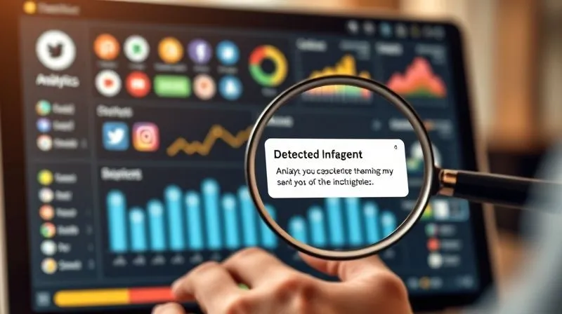 A stylized dashboard showing various social media icons, analytics graphs, and a magnifying glass highlighting a detected infringement warning on a screen. The background is slightly blurred, showing a person's hand interacting with a tablet or computer, professional photography, 8K, cinematic lighting, sharp focus, depth of field.
