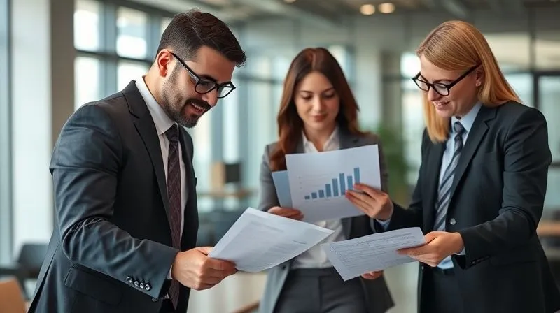 A diverse team of professionals (a lawyer in a suit, an agent with a tablet, a marketer with charts) in a modern, well-lit office setting, actively discussing legal documents and digital projections. They are collaboratively focused, conveying expertise and a unified approach. Photorealistic, professional photography, 8K, cinematic lighting, sharp focus on the team, depth of field blurring the background.