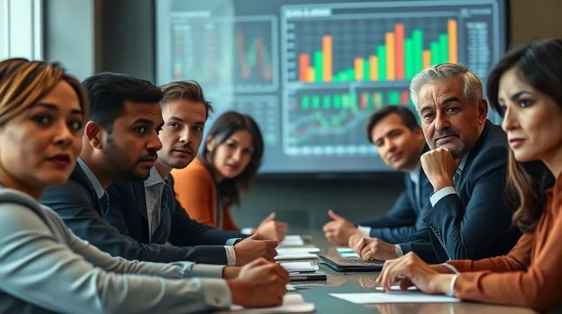 A photorealistic image of a diverse group of business executives and a legal counsel in a high-stakes meeting, their faces reflecting concern and determination, with charts and data projected on a screen in the background. Cinematic lighting, sharp focus on the people, depth of field, 8K hyper-detailed.