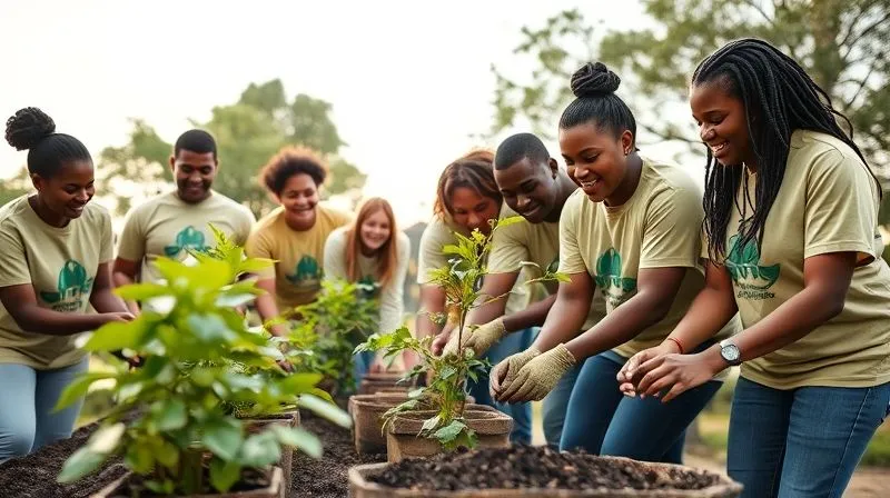 A photorealistic, professional photography, 8K, cinematic lighting, sharp focus, depth of field, shot on a high-end DSLR. Image depicts a diverse group of corporate employees actively engaged in a community service project, planting trees and interacting positively, symbolizing brand rebuilding and renewed trust after a challenging period. The company logo is subtly visible on their volunteer shirts.
