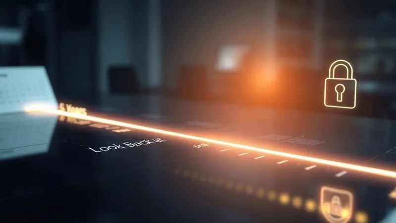 A photorealistic, professional image of a transparent, glowing digital timeline stretching into the future, with a clear marker at '5 Years' and a 'Look-Back Period' highlighted. On one side, blurred images of financial documents and a calendar. On the other, a bright, secure lock icon, symbolizing asset protection. Cinematic lighting, sharp focus on the timeline, depth of field. 8K hyper-detailed.