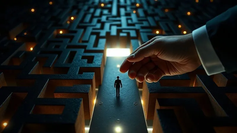 A photorealistic image of a complex legal maze or labyrinth, with glowing pathways and dead ends. A single, wise hand (representing legal expertise) is guiding a small, vulnerable figure (representing an elder client's assets) through the maze towards a bright, secure exit. Dark, dramatic lighting, sharp focus on the path ahead, depth of field. 8K hyper-detailed.