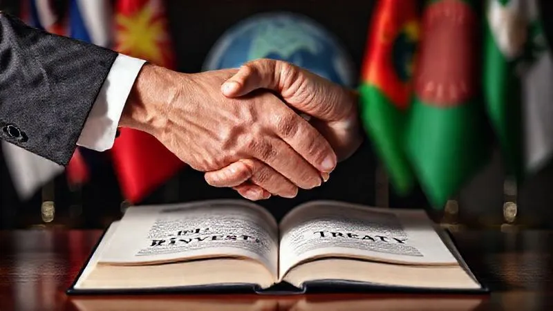 A photorealistic, professional photography, 8K, cinematic lighting, sharp focus, depth of field, shot on a high-end DSLR, depicting two hands shaking over a stylized, open book titled 'Bilateral Investment Treaty', with a subtle background of international flags and a globe, conveying a sense of legal agreement and global protection for investments. Emotionally resonant with trust and security.