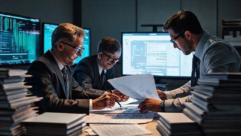 A photorealistic image of a legal team meticulously reviewing documents and digital data on multiple screens, with magnifying glasses and highlighters, surrounded by stacks of files, emphasizing the intensity and detail of intellectual property due diligence, 8K, cinematic lighting, sharp focus.