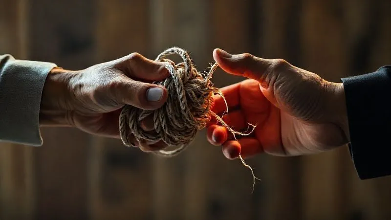 A photorealistic image of two hands, one releasing a complex, intertwined knot of ropes, while the other hand is carefully pulling back a distinct, glowing thread (representing IP), against a blurred background of a dissolving partnership, 8K, cinematic lighting, sharp focus, symbolizing strategic unwinding and IP reclamation.