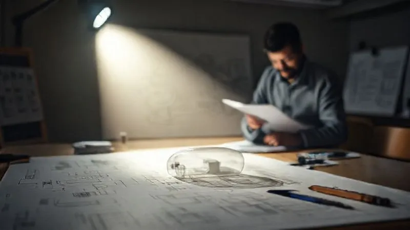 A photorealistic image of a single, powerful spotlight illuminating a previously obscured, innovative product design on a drafting table, with a confident individual sketching new market strategies in the background, symbolizing the successful re-evaluation and solo commercialization of intellectual property post-default, 8K, cinematic lighting, sharp focus, depth of field.