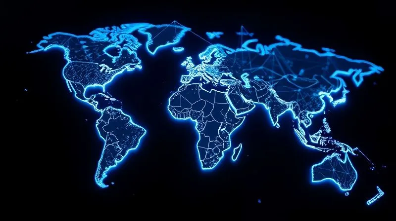 A photorealistic 3D map of the world, with specific countries highlighted in a protective blue glow, representing patent protection. A complex web of digital lines connects the illuminated countries, symbolizing international treaties and legal frameworks. Cinematic lighting, sharp focus, depth of field, 8K, shot on a high-end DSLR.