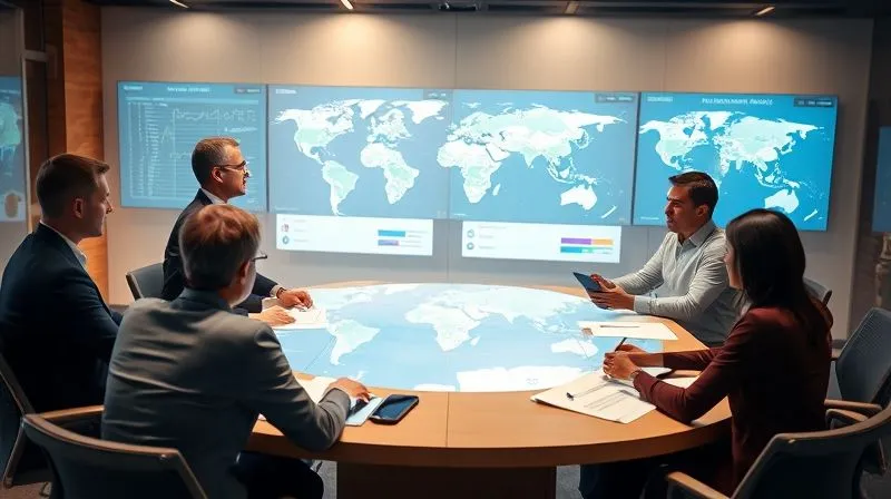 A photorealistic image of a diverse, professional legal team collaborating around a large conference table, with maps and digital screens displaying global IP data. The team members are from different ethnicities, engaged in discussion, conveying a sense of teamwork and expertise. Cinematic lighting, sharp focus on the team, depth of field, 8K, shot on a high-end DSLR.
