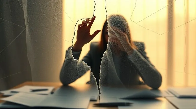 A photorealistic image of a fragile, translucent corporate veil tearing apart, revealing a distressed person's silhouette behind it, surrounded by legal documents. Cinematic lighting, sharp focus on the tearing, depth of field. 8K, shot on a high-end DSLR.