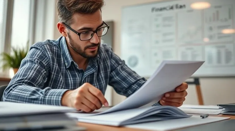 A photorealistic image of a person meticulously arranging financial documents, looking contemplative yet determined, with a clear whiteboard showing a strategic financial plan in the background. Cinematic lighting, sharp focus on the person and documents, depth of field. 8K, shot on a high-end DSLR.