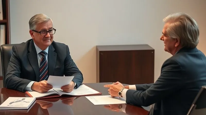 A photorealistic image of an experienced attorney, dressed professionally, sitting across a desk from a client, offering reassuring yet firm advice while pointing to legal documents. The client looks engaged and relieved. Cinematic lighting, sharp focus on faces and documents, depth of field. 8K, shot on a high-end DSLR.