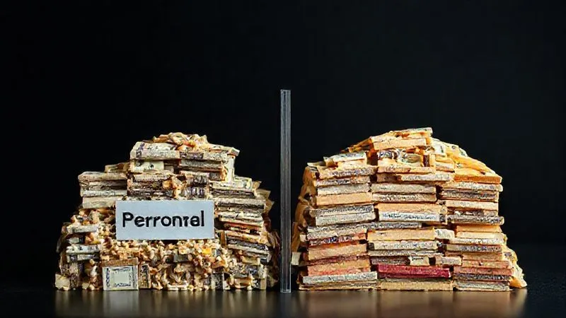 A photorealistic image of two distinct, well-organized piles of assets, one clearly labeled 'Personal' and the other 'Business', separated by a strong, transparent barrier. The lighting is crisp and professional, highlighting the clear division, 8K, cinematic lighting, sharp focus, depth of field, shot on a high-end DSLR.