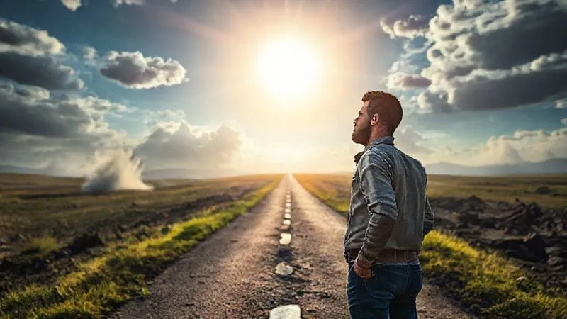 A photorealistic image of a person standing at a crossroads, one path leading to a clear, bright future with a rising sun, and the other to a stormy, broken landscape. The person is looking confidently towards the bright path, symbolizing rebuilding after bankruptcy, with cinematic lighting and sharp focus on their determined expression, 8K, depth of field, shot on a high-end DSLR.