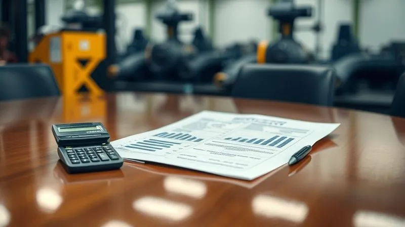 A photorealistic image of a detailed financial report or appraisal document open on a polished boardroom table, with a calculator, pen, and a subtle background of industrial machinery. Cinematic lighting, sharp focus on the report's figures, depth of field blurring the background. 8K hyper-detailed, professional photography, shot on a high-end DSLR.