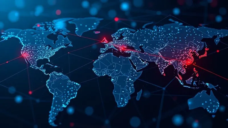 A photorealistic, professional photography, 8K, cinematic lighting, sharp focus, depth of field, shot on a high-end DSLR image showing a complex digital network of glowing lines spanning a world map, with several points on the map highlighted in red, signifying vulnerability. The overall mood is one of intricate global connection with underlying threats.